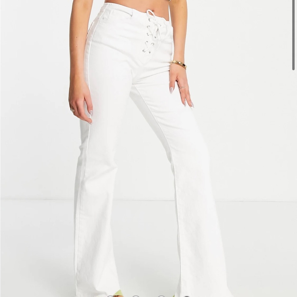 Boohoo Stradivarius lace up flare jean in white